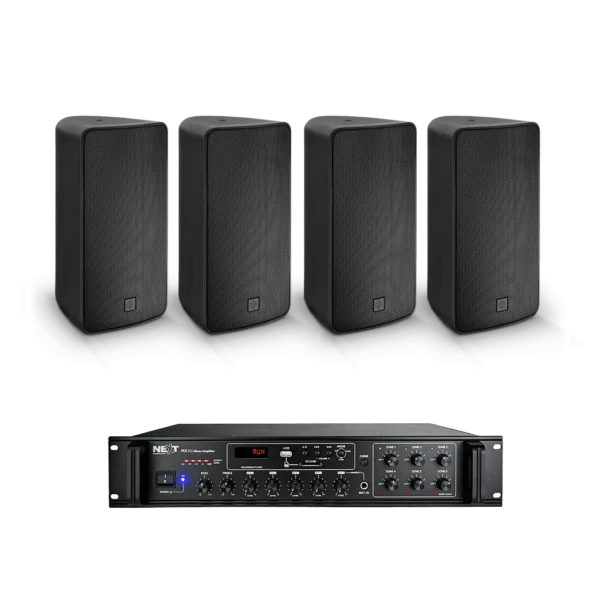 NEXT AUDIOCOM 4 x T6 6.5" IP65 SPEAKER, BLACK (PAIR) [100V|16?] MX350 6-ZONE MIXER AMPLIFIER, 350W [100V|8?]