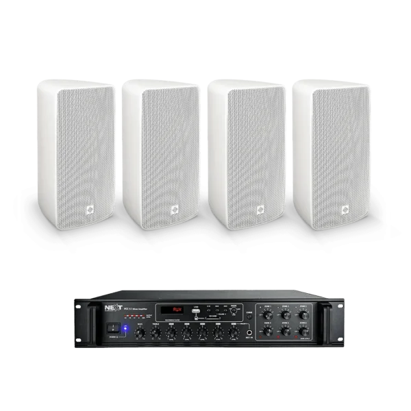 NEXT AUDIOCOM 4 x T6W 6.5" IP65 SPEAKER, WHITE (PAIR) [100V|16?] MX350 6-ZONE MIXER AMPLIFIER, 350W [100V|8?]