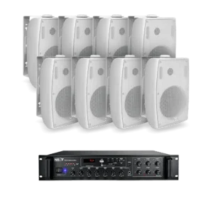 NEXT AUDIOCOM 8 x W6 W 6.5" PASSIVE SPEAKER, WHITE (PAIR) [100V|8?] MX350 6-ZONE MIXER AMPLIFIER, 350W [100V|8?]