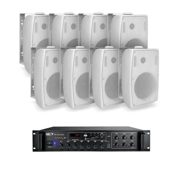 NEXT AUDIOCOM 8 x W6 W 6.5" PASSIVE SPEAKER, WHITE (PAIR) [100V|8?] MX350 6-ZONE MIXER AMPLIFIER, 350W [100V|8?]