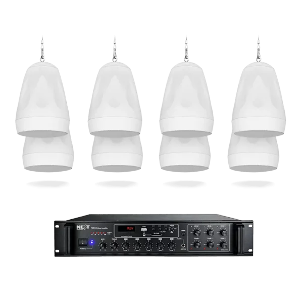 NEXT AUDIOCOM 8 x P6W 6.5" PENDANT SPEAKER, WHITE [100V|8?] MX350 6-ZONE MIXER AMPLIFIER, 350W