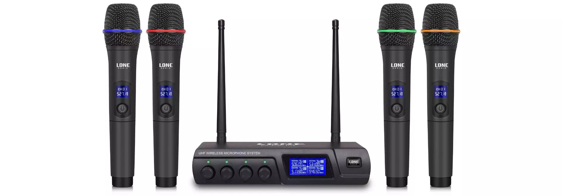 Lone Audio 4-Channel HF Wireless Mic System with 4 Handheld Mics Lone Audio 4-Channel HF Wireless Mic System with 4 Handheld Mics