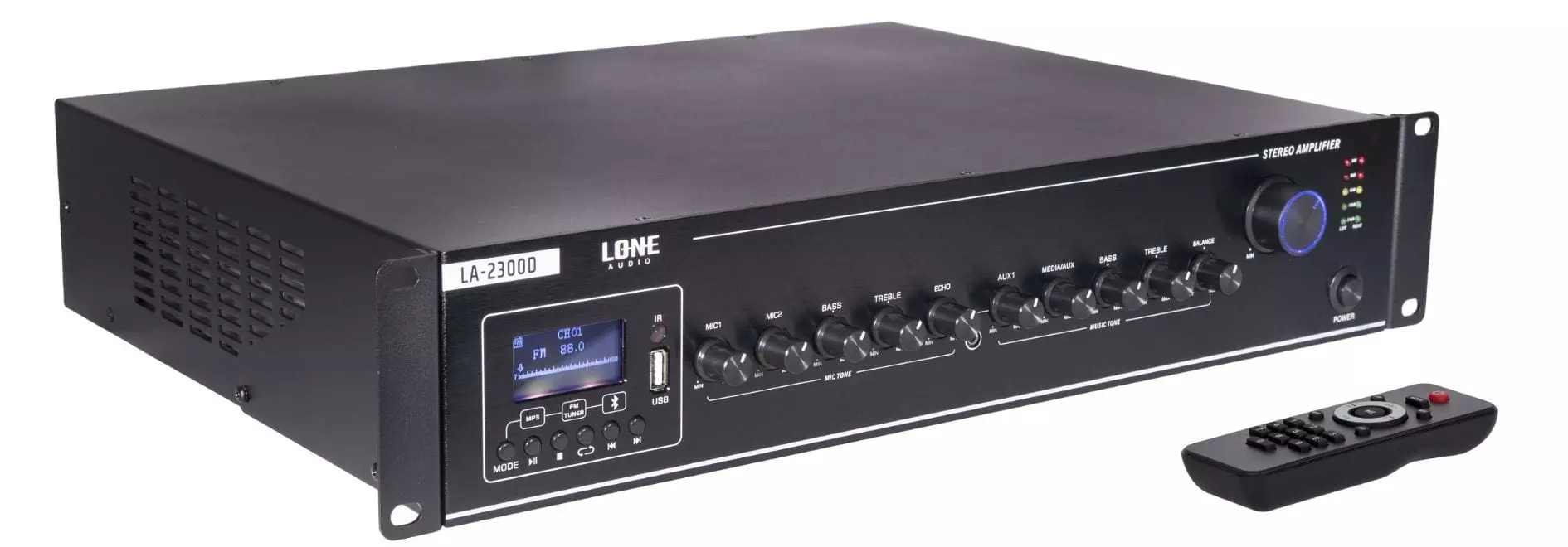 Lone Audio LA 2300D 2 x 300W Class D Multimedia Mixing Amplifier 8 Ohms Bluetooth PA Amp with USB FM Lone Audio LA 2300D 2 x 300W Class D Multimedia Mixing Amplifier 8 Ohms Bluetooth PA Amp with USB FM