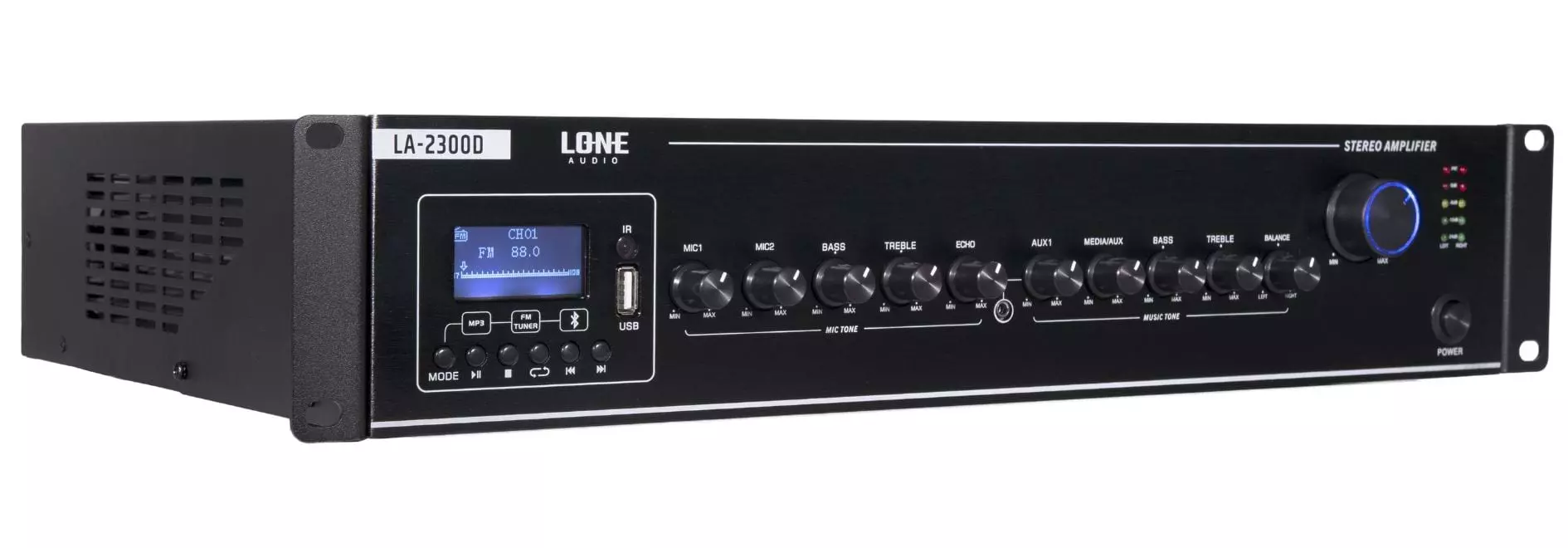 Lone Audio LA 2300D 2 x 300W Class D Multimedia Mixing Amplifier 8 Ohms Bluetooth PA Amp with USB FM Lone Audio LA 2300D 2 x 300W Class D Multimedia Mixing Amplifier 8 Ohms Bluetooth PA Amp with USB FM