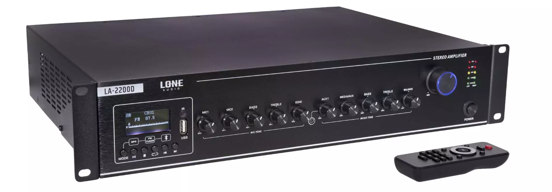 Lone Audio LA-2200D 2 x 200W Class D Multimedia Mixing Amplifier – 4/8 Ohms Bluetooth PA Amp with USB/FM Lone Audio LA-2200D 2 x 200W Class D Multimedia Mixing Amplifier – 4/8 Ohms Bluetooth PA Amp with USB/FM