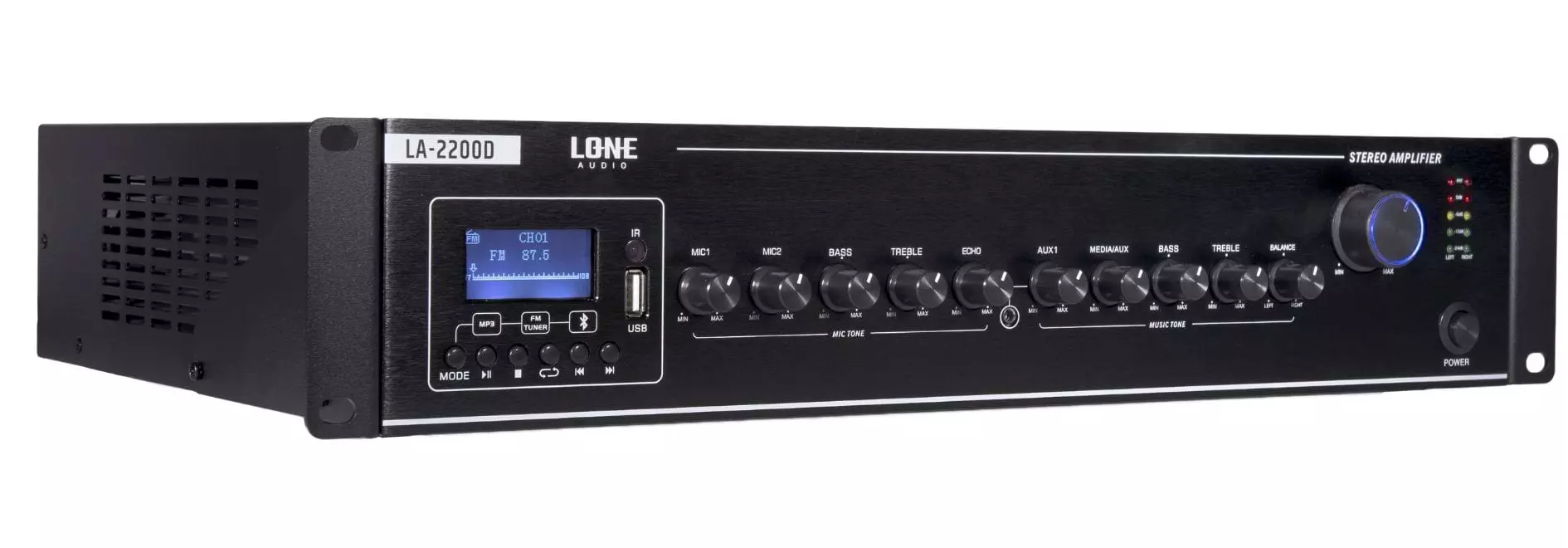 Lone Audio LA-2200D 2 x 200W Class D Multimedia Mixing Amplifier – 4/8 Ohms Bluetooth PA Amp with USB/FM Lone Audio LA-2200D 2 x 200W Class D Multimedia Mixing Amplifier – 4/8 Ohms Bluetooth PA Amp with USB/FM
