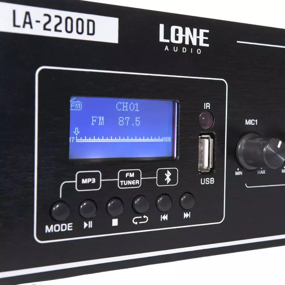 Lone Audio LA-2200D 2 x 200W Class D Multimedia Mixing Amplifier – 4/8 Ohms Bluetooth PA Amp with USB/FM Lone Audio LA-2200D 2 x 200W Class D Multimedia Mixing Amplifier – 4/8 Ohms Bluetooth PA Amp with USB/FM