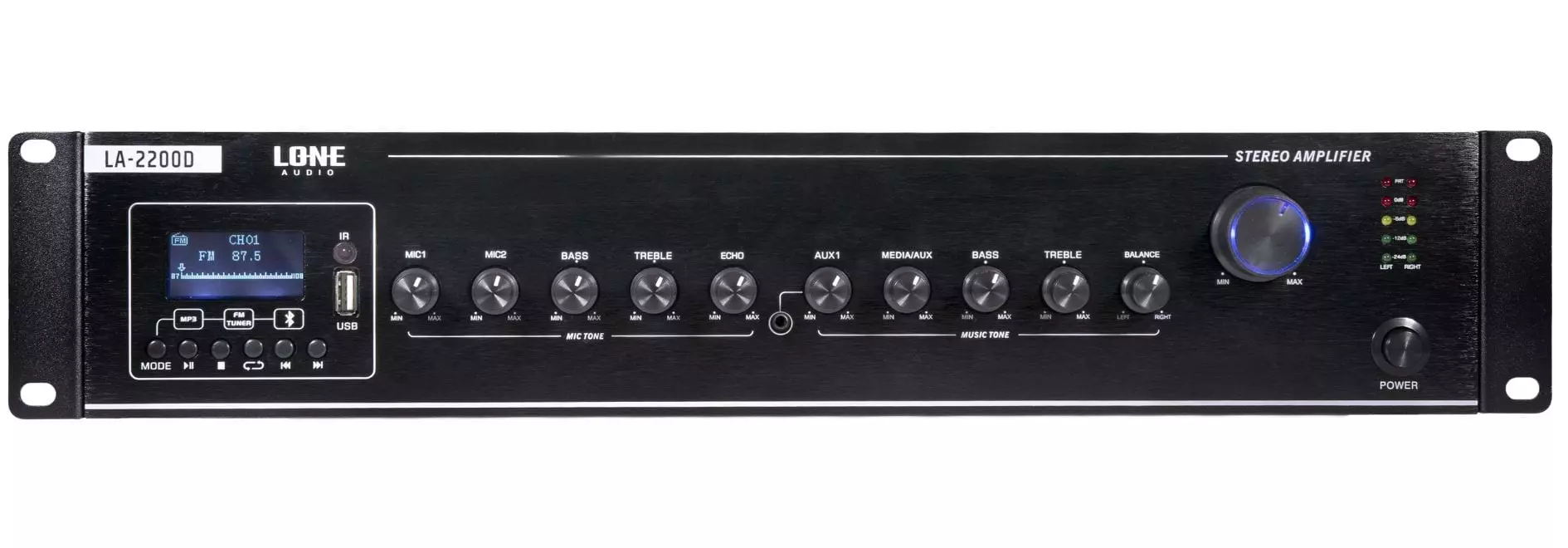 Lone Audio LA-2200D 2 x 200W Class D Multimedia Mixing Amplifier – 4/8 Ohms Bluetooth PA Amp with USB/FM Lone Audio LA-2200D 2 x 200W Class D Multimedia Mixing Amplifier – 4/8 Ohms Bluetooth PA Amp with USB/FM