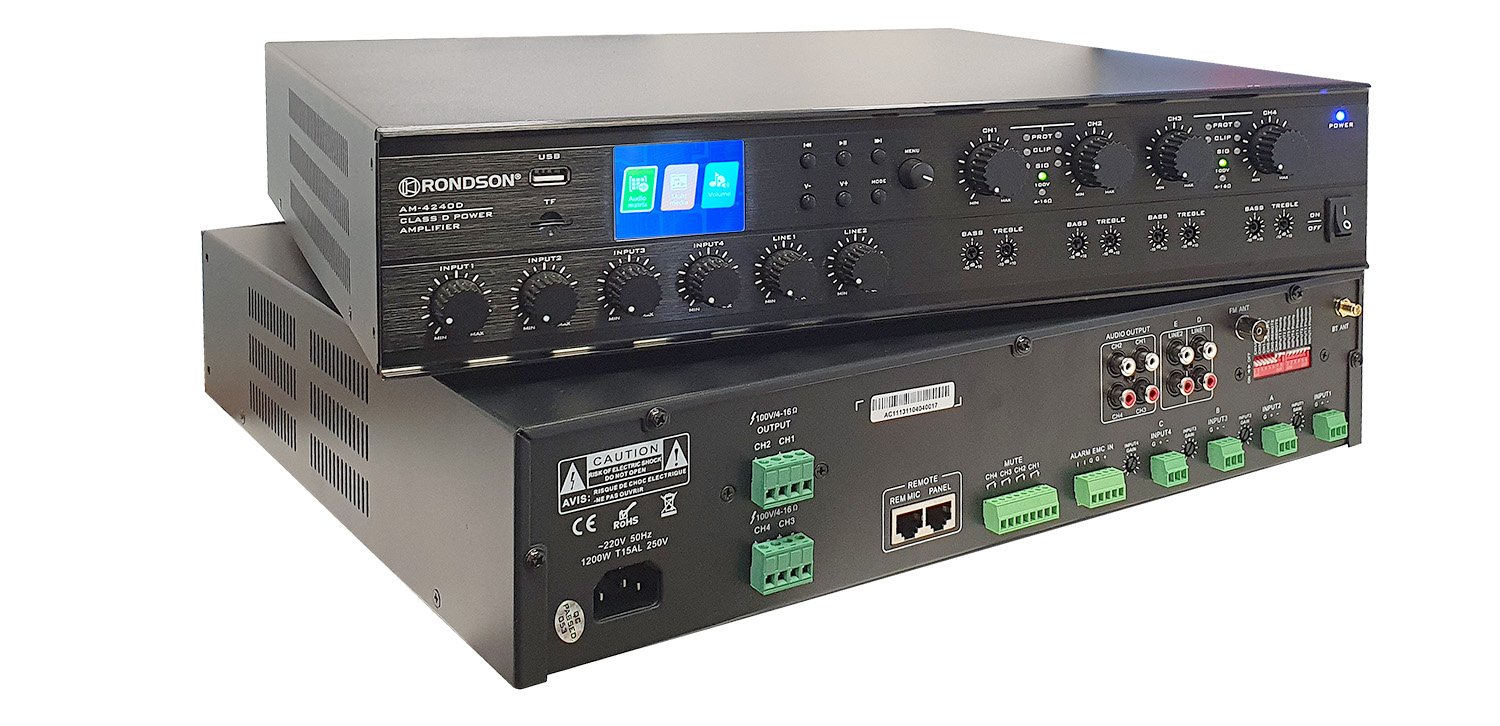 Rondson AM-4120D 4-Zone Matrix Amplifier — 4x120W Class D with Bluetooth Rondson AM-4120D 4-Zone Matrix Amplifier — 4x120W Class D with Bluetooth, FM Tuner, MP3 Player, RS232 and Priority Override for Commercial PA Systems