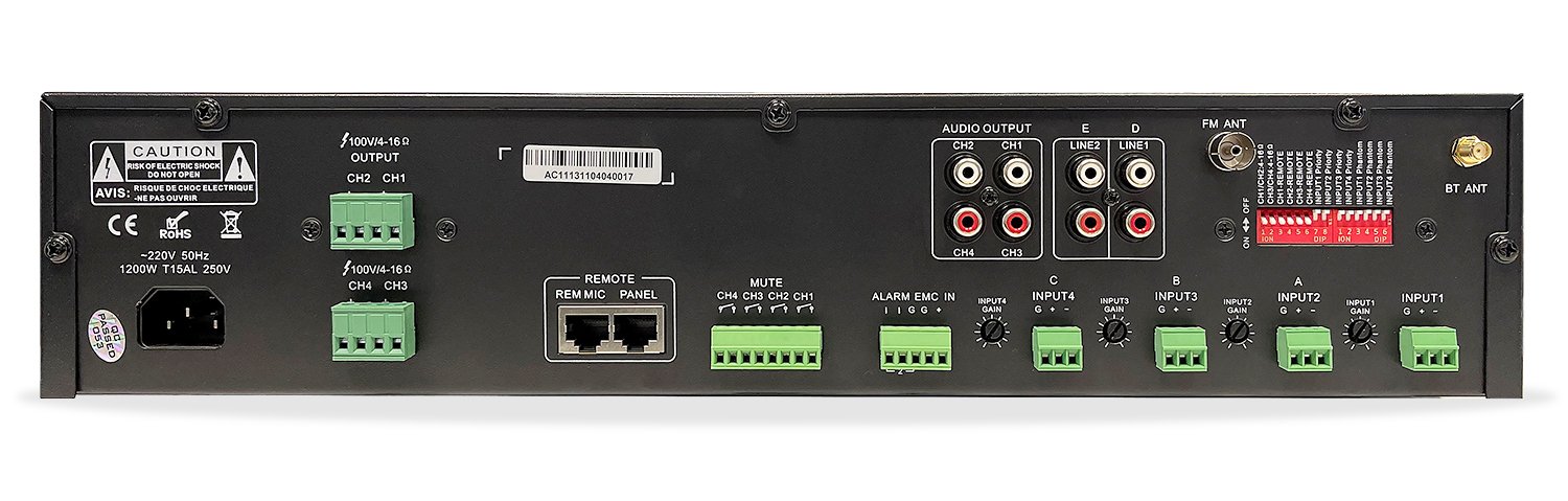 Rondson AM-4120D 4-Zone Matrix Amplifier — 4x120W Class D with Bluetooth Rondson AM-4120D 4-Zone Matrix Amplifier — 4x120W Class D with Bluetooth, FM Tuner, MP3 Player, RS232 and Priority Override for Commercial PA Systems