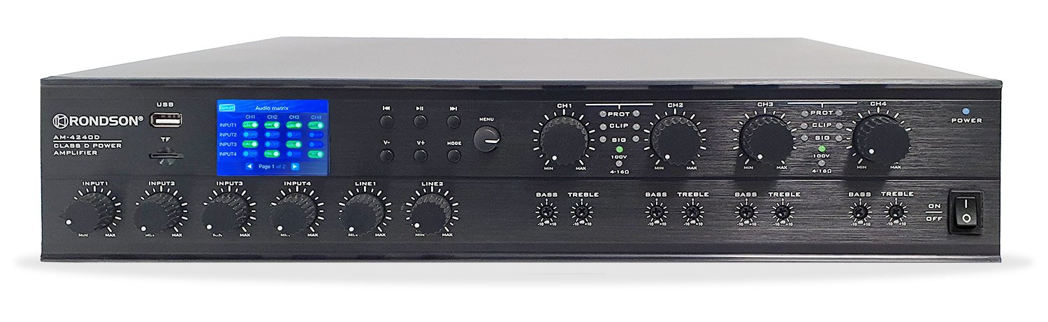 Rondson AM-4120D 4-Zone Matrix Amplifier — 4x120W Class D with Bluetooth Rondson AM-4120D 4-Zone Matrix Amplifier — 4x120W Class D with Bluetooth, FM Tuner, MP3 Player, RS232 and Priority Override for Commercial PA Systems