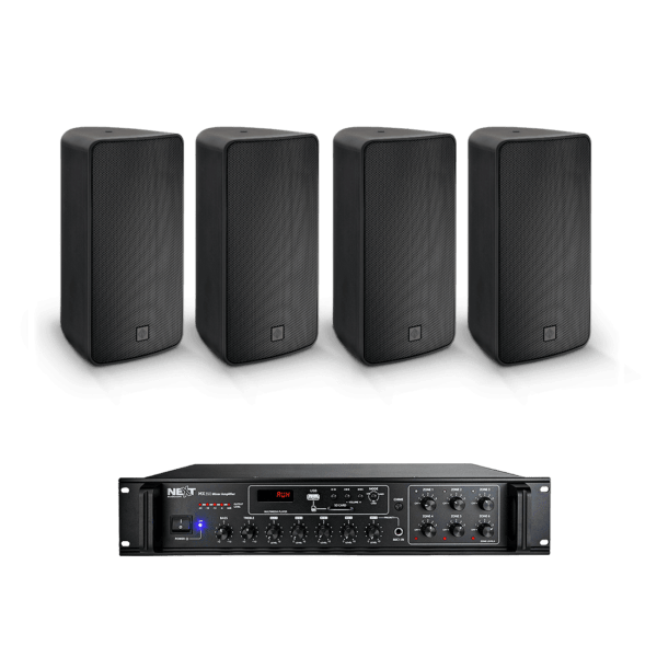 NEXT AUDIOCOM 4 x T6 6.5" IP65 SPEAKER, BLACK (PAIR) [100V|16Ω] MX350 6-ZONE MIXER AMPLIFIER, 350W [100V|8Ω]